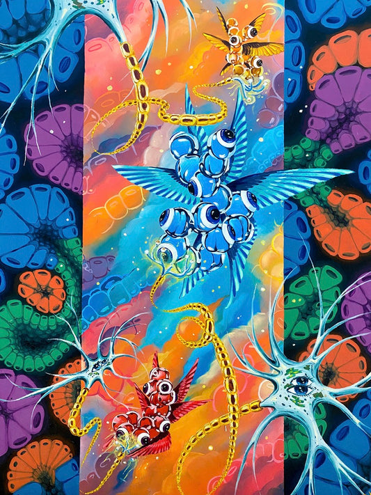 The central figures are 3D representations of the DMT molecule itself, referencing the biblical resonance of Cherubim and Seraphim. Attached to them are the dendrites of neurons, their brain cells painted with eyes — a reference to the Hindu concept of the third eye.