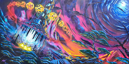 A 19" x 9.5" print featuring a vibrant, abstract underwater scene with a whimsical city structure, surrounded by swirling patterns and colors.