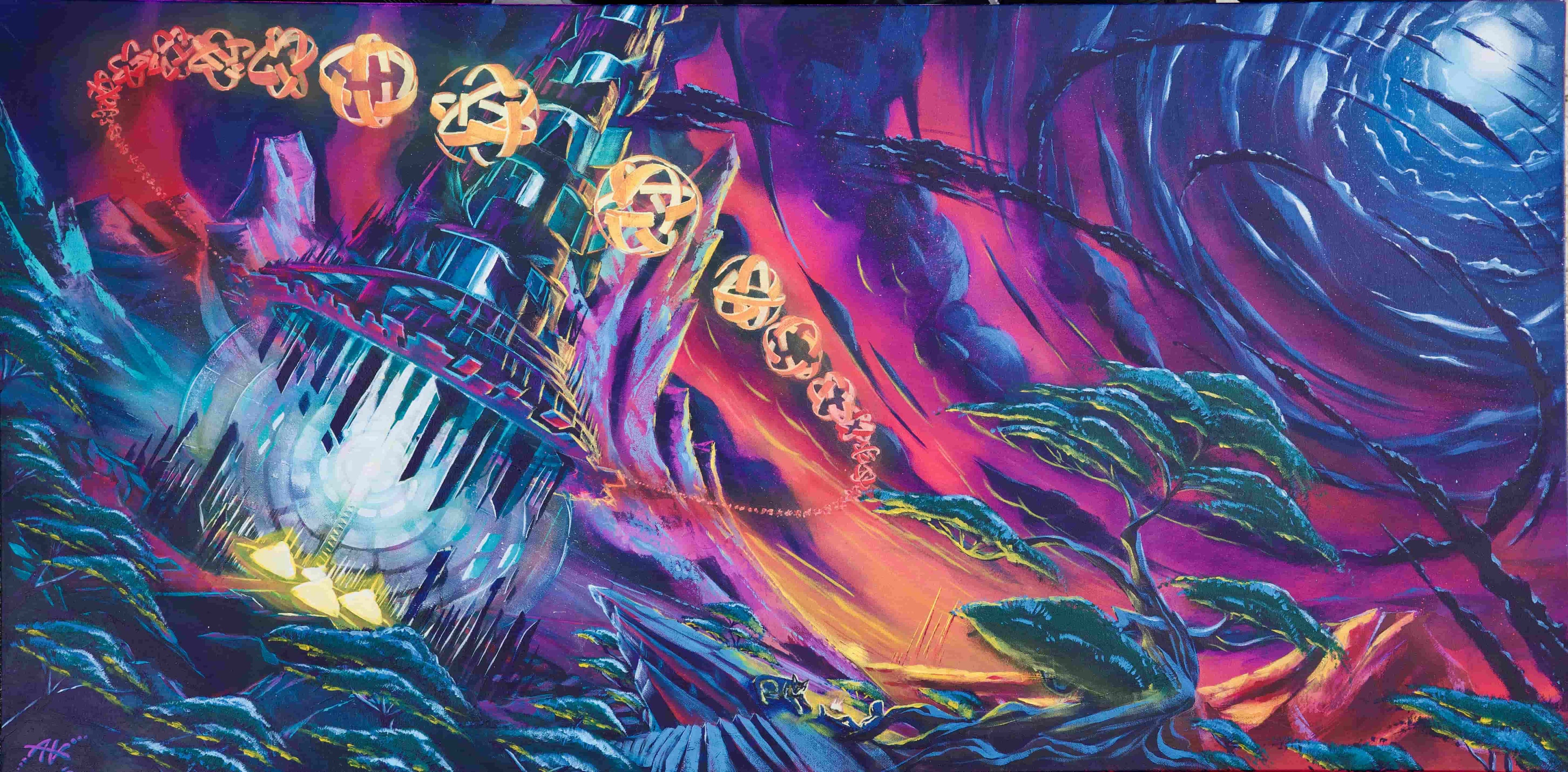 Colorful abstract painting of an alien planet with stunning architecture and circular rings, with a man and a dog under a tree with a fire.