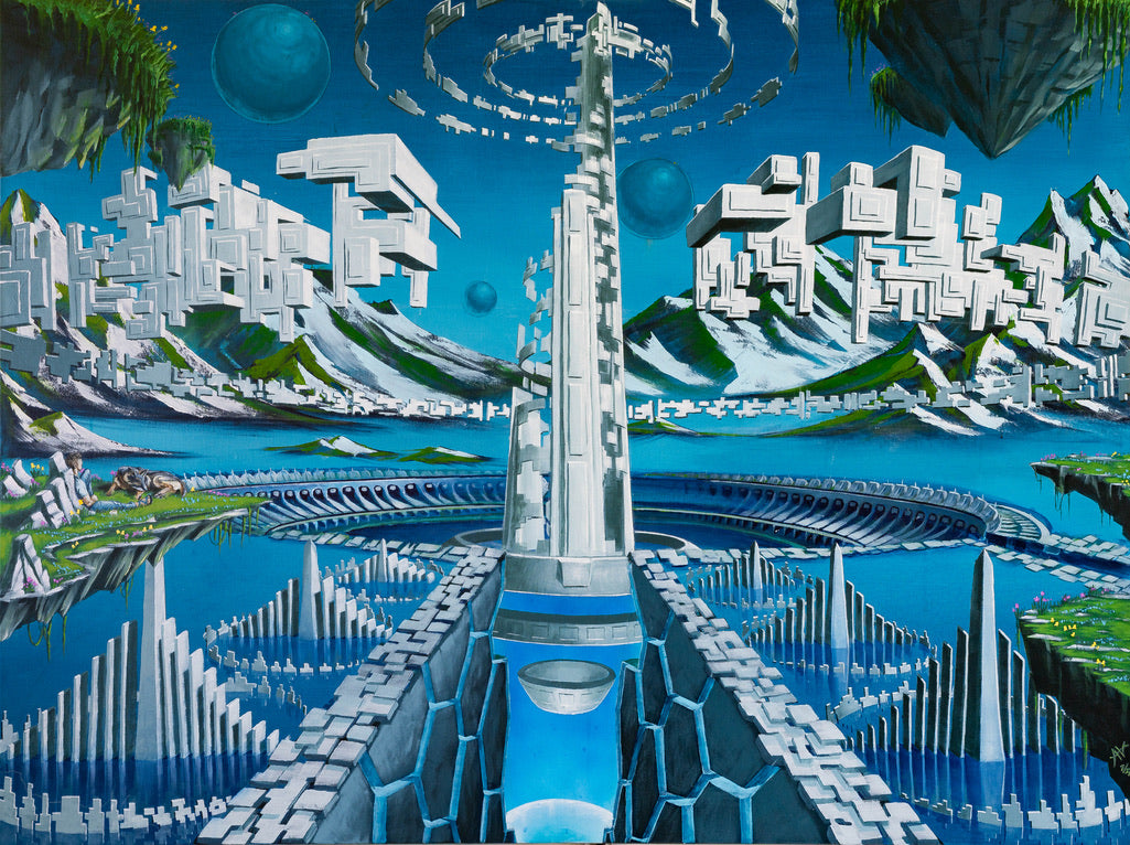 A print featuring a futuristic cityscape with skyscrapers, a river, and mountains under a clear night sky.