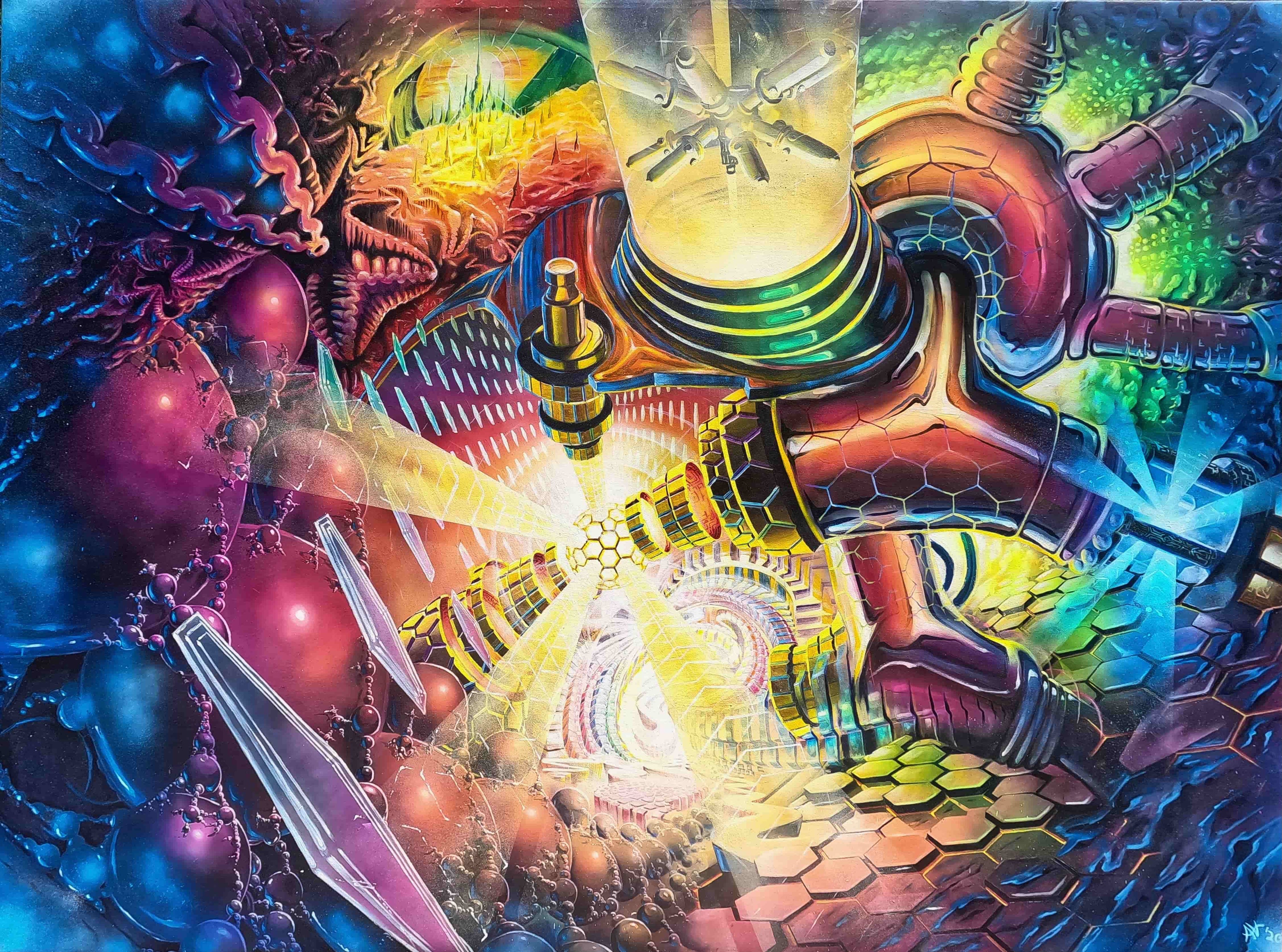 Colorful abstract artwork with mechanical and organic fractal elements