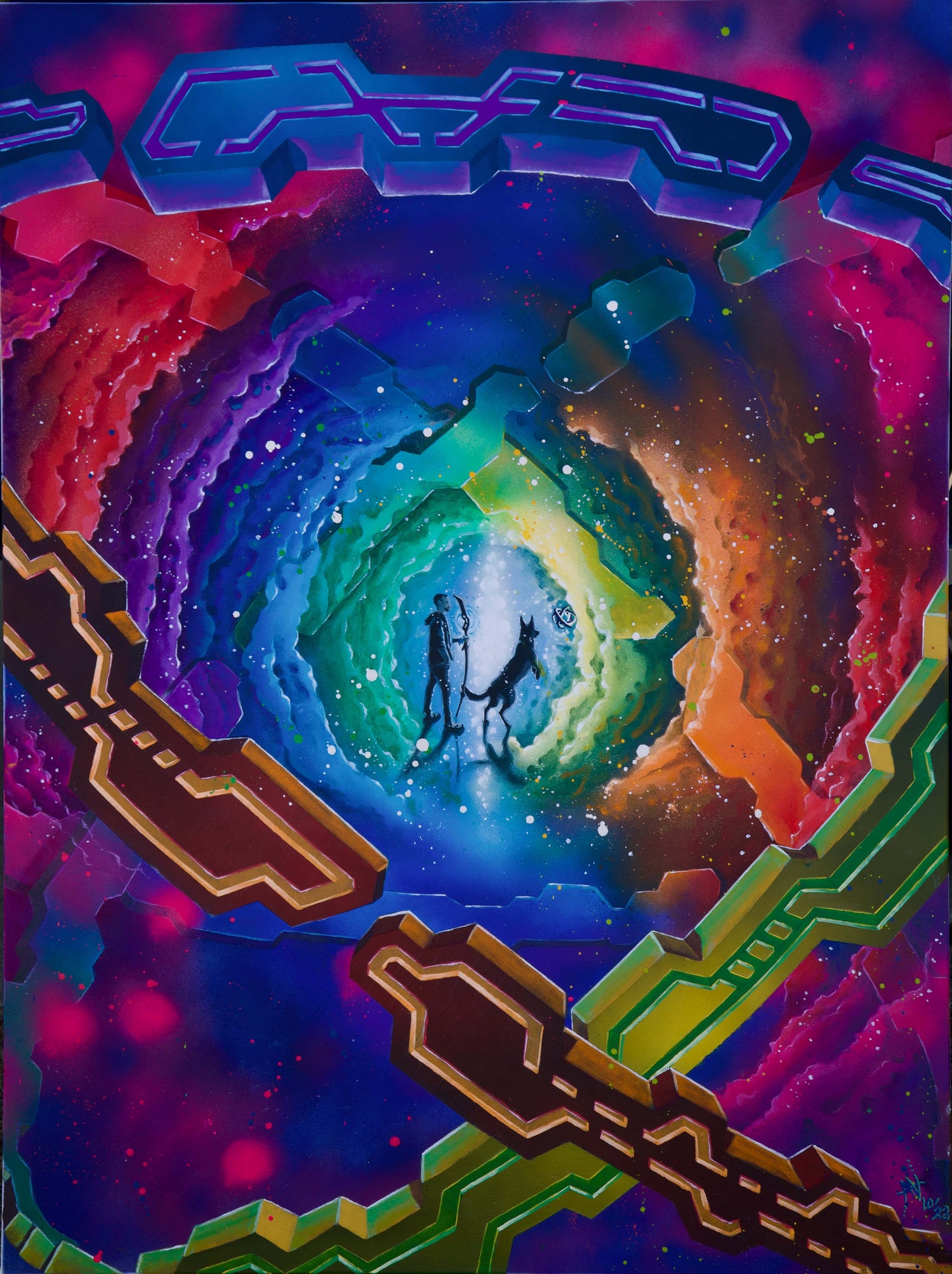 Colorful abstract design with a central figure and donkey, surrounded by vibrant colors and geometric shapes.